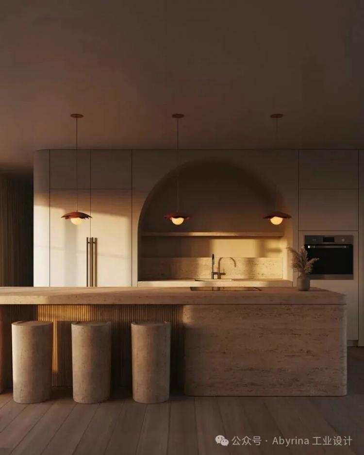 Modern kitchen with minimalist design, featuring a stone island with three stools, pendant lights, built-in oven, and an arched alcove above the sink. Warm, natural lighting fills the room.