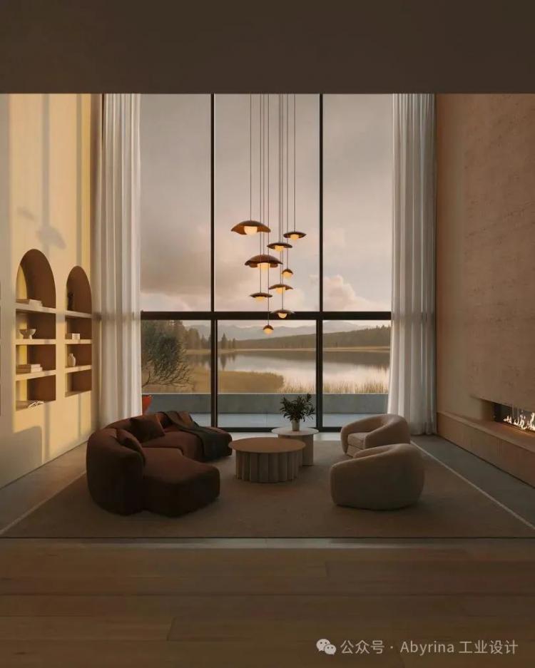 Modern living room with large floor-to-ceiling windows, neutral-toned furniture, pendant lights, a fireplace, and a lake view outside at sunset.