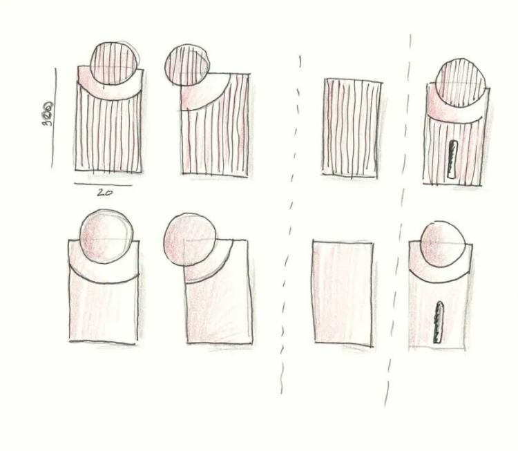 Hand-drawn sketches show various configurations of circles intersecting with rectangular blocks, some featuring vertical slots; vertical dashed line divides two sets of designs.