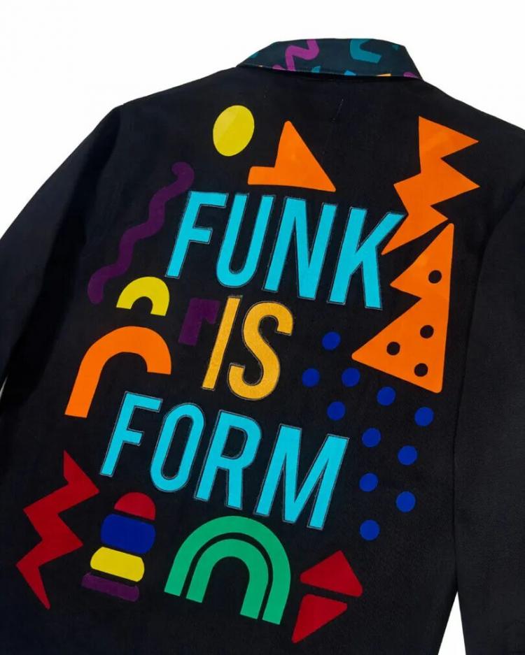 A black jacket featuring colorful geometric shapes and bold "FUNK IS FORM" text on the back, inspired by Cedric Mitchell JOOPITER's vibrant style.